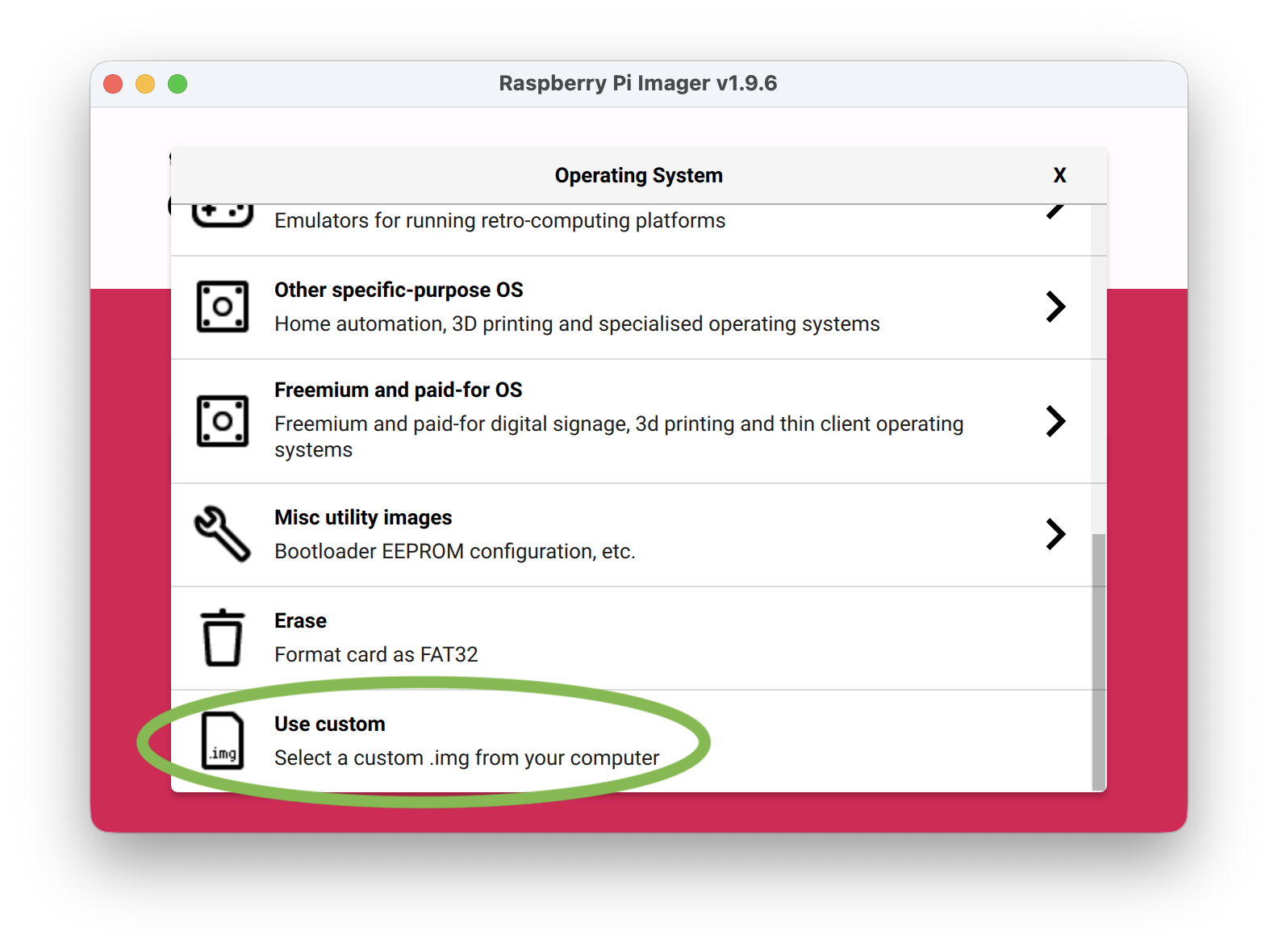 w-49 RPi Imager Use custom